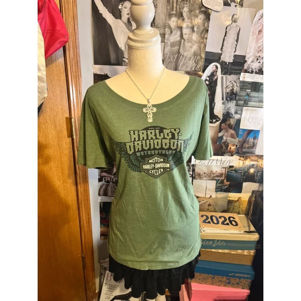 Green Harley Davidson Shirt with Wing Graphics and Bling